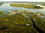 A stunning aerial view over the waterways of the Okavango delta in Botswana.