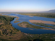An aerial view of the mighty Zambezi river bordering Mana Pools National Park, Zimbabwe.